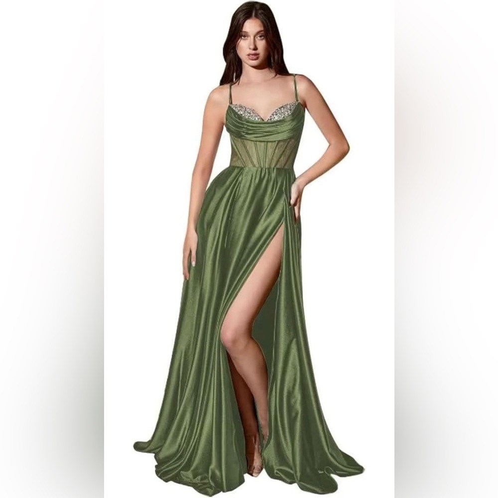Olive Green Satin Adjustable Back Corset & Long Slit Prom Evening Wedding Dress